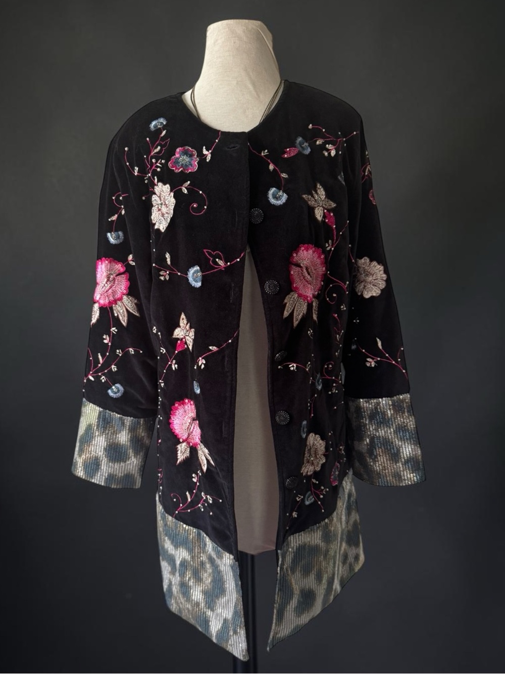 Indigo Moon Black Velvet Embroidered Blazer Beaded Sequins Sz M Holiday Jacket